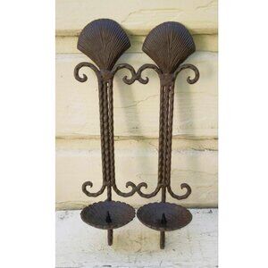VTG Double Pillar Candle Holder Hammered Scallop Shell Wrought Iron Wall Sconce